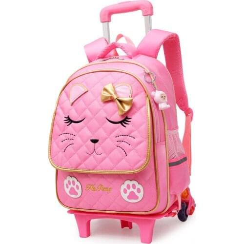 Children School Bags 2/6 Wheels for Girls Cute Cat Kids Wheeled Bookbag Trolley Travel Luggage Carry on Mochila Rolling Backpack