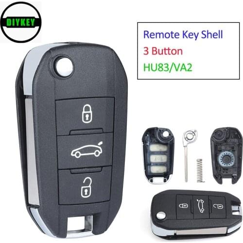 DIYKEY Flip Remote Key Shell Fob Key Case Replacement 3 Button VA2 / HU83 for Peugeot 508 2010-2015 Uncut Blade 5FA010 353-06