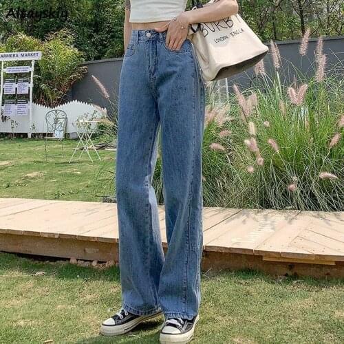 Jeans Women High Waist Wide Leg Vintage Korean Harajuku Style All-match Denim Clothing Chic Leisure Pockets Zipper Simple Solid