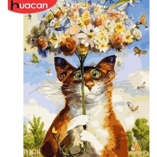 HUACAN Painting Cat Animals DIY Painting By Numbers Kits Acrylic Wall Art Picture For Home Decor Artwork Abstract