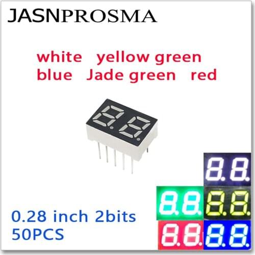 JASNPROSMA 50PCS 0.28 inch 7 Segment 2 bit digit Tube red yellow jade green blue white Common Cathode Anode LED Display 0.28"