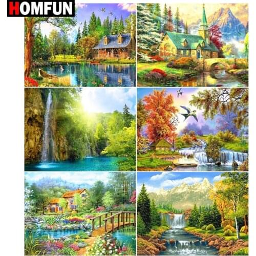 HOMFUN Paint With Diamond Embroidery "House tree lake mountain" Diamond Painting Full Square Round Picture Of Rhinestone Decor