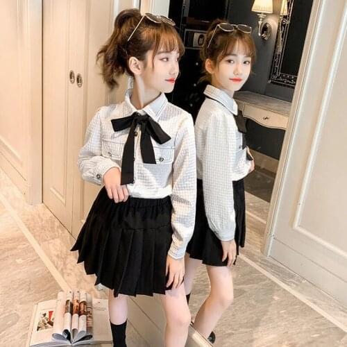 School Teen Girl Clothing Set Spring Autumn Bow Top+Skirt Preppy Style Uniform Set Kids Clothes Set for Girl 5 7 9 11 13 14Years