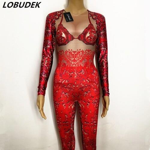 Sexy Bar Valentines Day Pole dancing Costumes Male Female Dance Troupes DJ DS show costume Red Print Crystals Leotard Jumpsuit