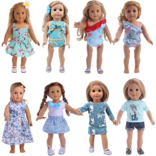 LUCKDOLL Blue Print Skirt/Strapless Swimsuit Fit 18 Inch American 43cm Baby Doll Clothes Accessories,Girls Toy,Birthday Gift