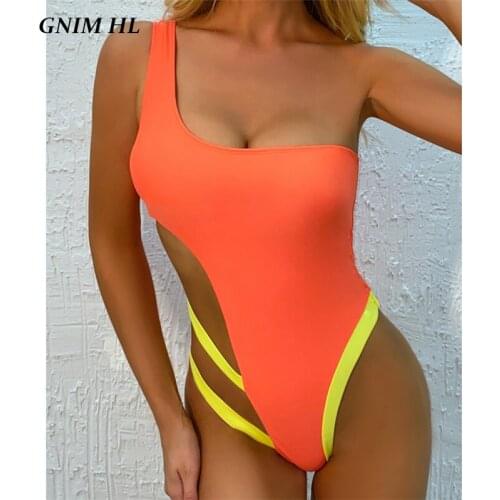 GNIM One Shoulder Bikini Swimwear Women Summer 2020 Sexy Stitching Color Swim Bathing Suit Women One Piece Backless Swimsuit New