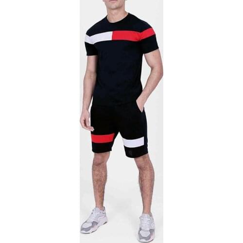 Summer mens short-sleeved sports suit patchwork color-blocking fitness mens shorts + round neck pullover T-shirt 2-piece sets