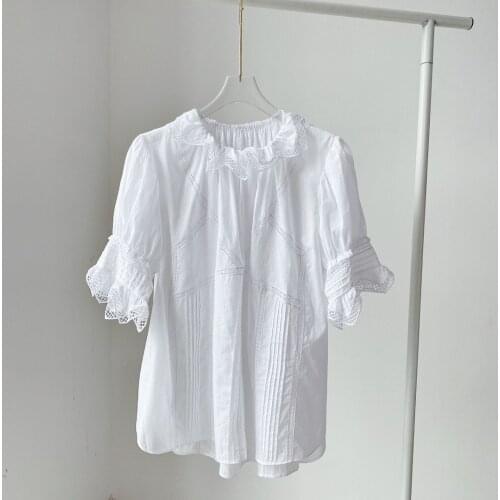2021 Cute sweet White Cotton Blouse Ruffled Collar Short Sleeves Lace Embroidered Fashion Tops