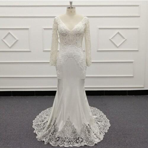Molanda Hung V Neck Long Sleeves Mermaid Wedding Dresses Beading Lace Beadings Wedding Gown Custom Made Vestido De Noiva HQ075-1