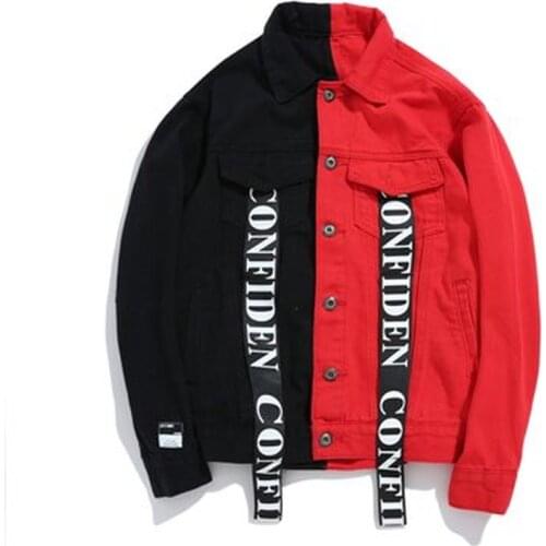 Streetwea Men Black Red Patchwork Printed Jeans Jackets Washed Distressed Letter Ribbon Hip Hop Men Motorcycle Denim Jacket