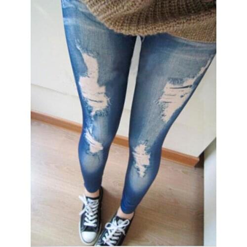 New Black/Blue Leggings Women Fashions Destroyed Leggings Jeans Look Jeggings Stretch Skinny Laddy Jeans