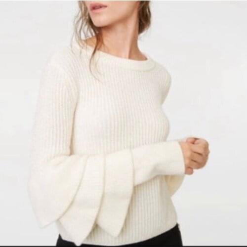 New Autumn and Winter Pure Wool Pullover Round Neck Three-layer Ruffled Sleeves Medium-thick Women Sweater
