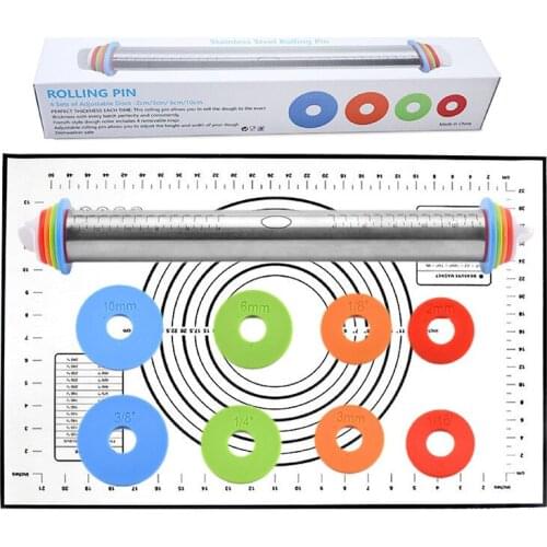 Adjustable Stainless Steel Rolling Pin Dough Mat Roller for Cake Pastry Pizza 4 Removable Thickness Rolling Pin Baking Tools