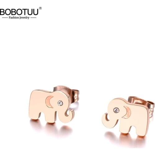 BOBOTUU Office Stainless Steel Rhinestone Elephant Stud Earrings Jewelry For Women Girls Rose Gold Party Christmas Gift BE19035