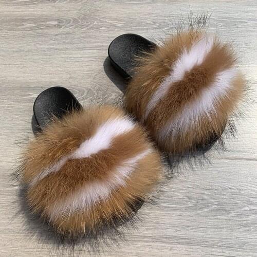 Womens Colorful Real Fox Fur Slippers Ladies Plush Fluffy Slides Girls Furry House Shoes Female Indoor Flip Flops Large Size45