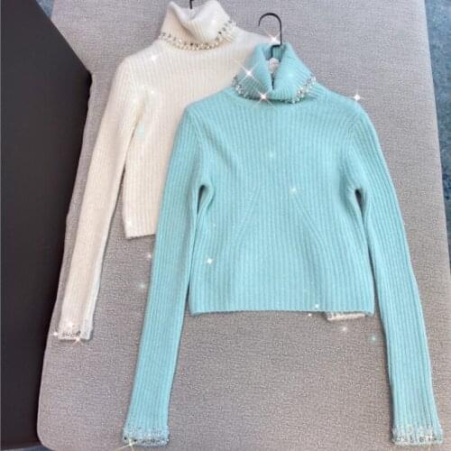 Rhinestone Turtleneck Long Sleeve Sweater for Women New Korean Style Female Short Knitwear Top 2021 Spring