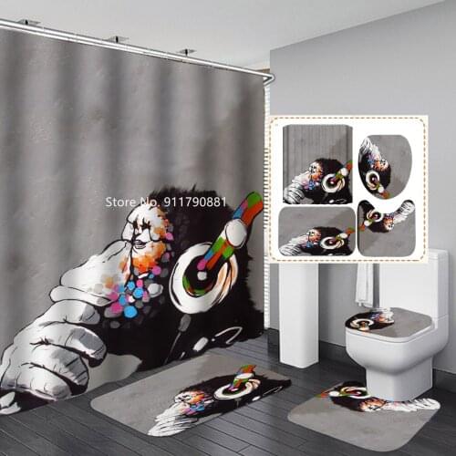 3D Printed Waterproof Washable with Hook Shower Curtain Floor Mat Toilet Mat Animal Series Panda Elephant Bathroom Decoration