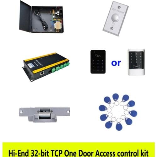 Hi-end 32-bit access control kit,TCP/ip one door +powercase+strike lock +ID touch keypad reader+button+10 ID tags,sn:kit-AT101