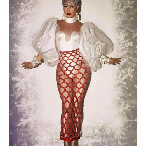 Bright Silk Gauze Vintage Puff Sleeve Tight Stretch Dress Hollow Out Plaid Mid-Calf Dresses Nightclub Costumes Stage Wear Lady