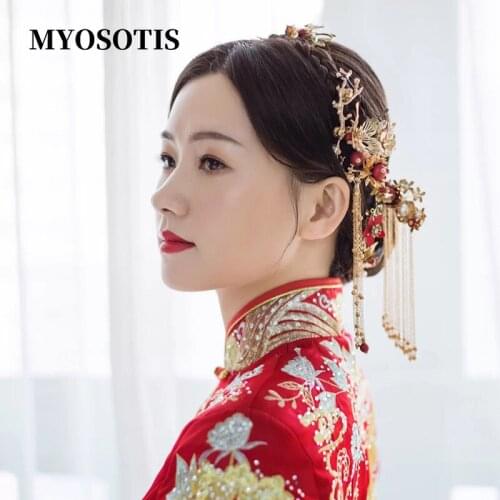 Women Gold Butterfly Hair Comb Traditional Chinese Wedding Headdress Accessories Red Pearl Stick Head Jewelry Bridal Headpiece