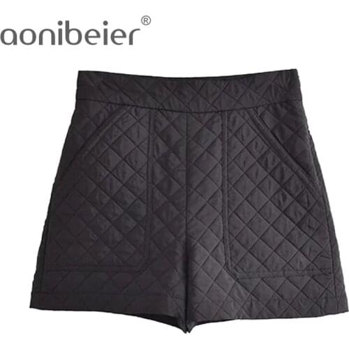 Aonibeier 2021 Autumn Winter Quilted Thick Straight Shorts Side Zipper High Waist Patch Pockets Women Casual Shorts Female