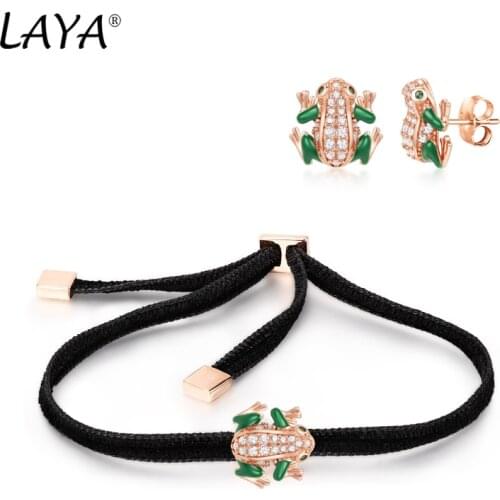 Laya Silver Animal Frog Bracelet Earrings Sers For Women 925 Sterling Silver Shiny White Cubic Zirconia Green Enamel Jewelry