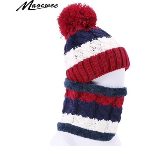 Woman Skullies Beanies Knitted Hat Ring Scarf Set Winter Outdoor Warm Hats With Lining Thick Ear Protect Caps Solid Beanie Hats