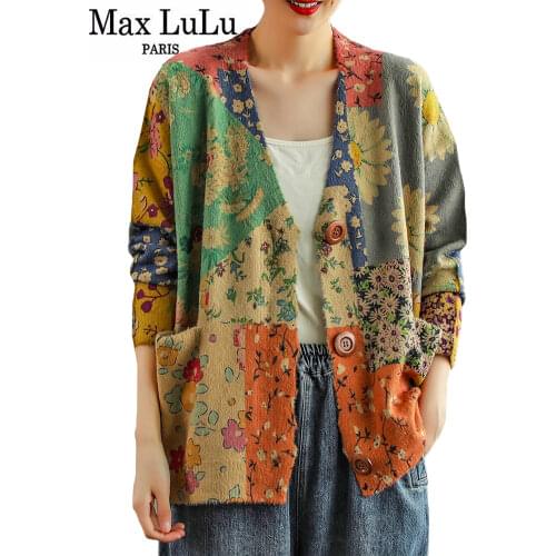Max LuLu Japan Style Floral Vintage V-Neck Cardigan 2021 Design Women Pocket Printed Sweater Ladies Casual Loose Knitted Clothes