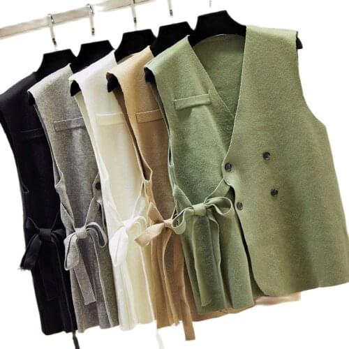 Double Breasted Bow Bandage Knitted Womens Vest Korean Loose Female Sweater Coat Cardigan V-Neck Waistcoat Sleeveless Jacket