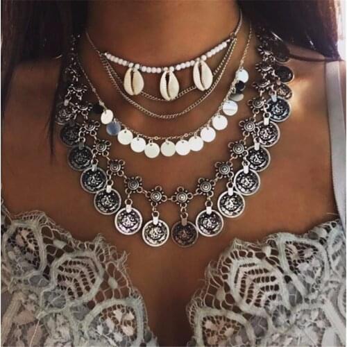 Bohemian Summer Beach Gold Shell coin Tassel Sequin Choker Necklace Women Gyspy Multilaryer Pearl Bead Necklace Maxi Jewelry
