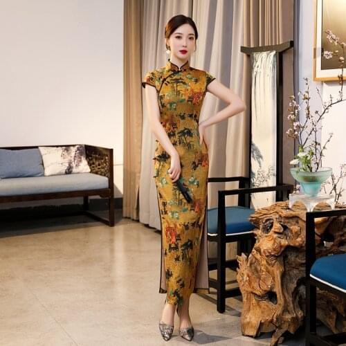 Spring New Cheongsam For Women Vintage Classic Slim Dress Flower Printed Elegant Split Chinese Button Gown Party Prom Qipao