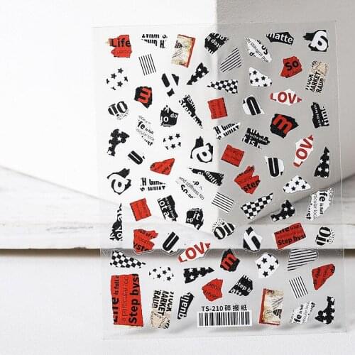 1 Pc Shredded Red Yellow Magazine Paper Nail Stickers White Black Pentagram English Newspaper Manicure Decal Tools Nail Art