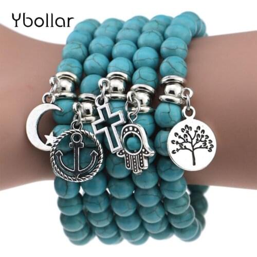 1pc Vintage Turquoises Bracelets for Women Men Cross Tree Star Heart Moon Leaf Pendant Charm Beaded Bracelet Fashion Jewelry