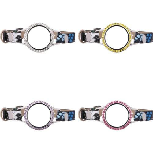 5pcs/Lot 30mm Different Color Crystals Locket Snake Rainbow Single Wrap PU Leather Wristband Bracelet Men Unisex Gift Jewelry