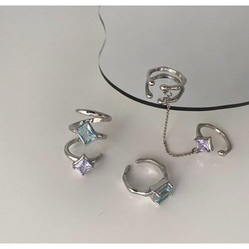 ALLNEWME Korean Three Layered Square Purple Blue Shinning Zirconia Charm Rings for Women Ladies Silver Color Open Rings Jewelry