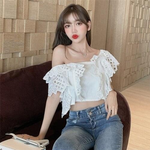 Korean Fashion Backless Lace Blouses for 2021 Summer womens Sexy Club Clothing Ladies White Cold Shoulder Crop Tops Streetwear