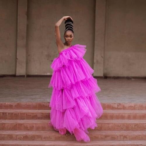 One-shoulder Simple Elegant Evening Dress Purple Long Length Ruffles Layered Tulle Elastic Dress Birthday Party Plus Size