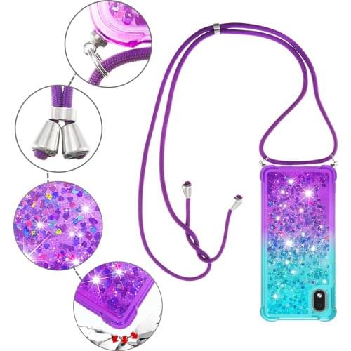 Gradient Crossbody Straps Case For Samsung Galaxy A01 Core Glitter Liquid Quicksand Air Cushion Reinforced Corners Cover