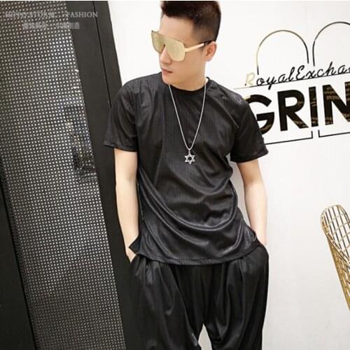 Black coating t shirt men singer personality tshirts Harem pants set streetwear short sleeve men stage shirt b673