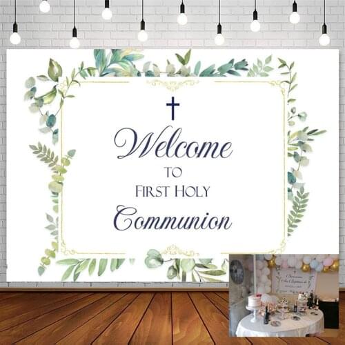 Avezano First Holy Communion Backdrop Green Leaf Cross Banner Photography Background Studio Photocall Photozone Decoration Props