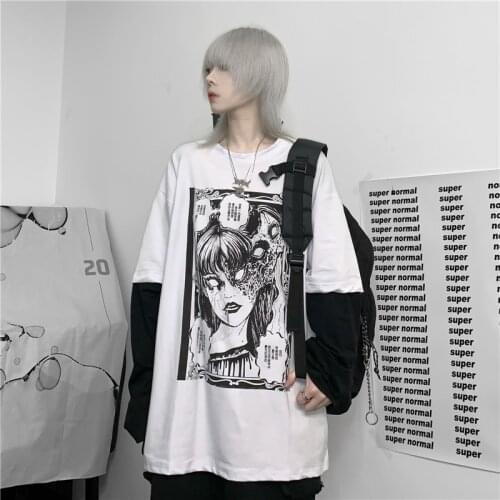 Long Sleeve Gothic Goth Style Tshirt Tops Tee Grunge Junji Ito Horror Manga T-shirt Japanese Streetwear Emo Clothing Alt Clothes