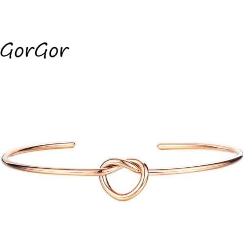 GorGor Women Small Heart-shaped Simple Knotted Opened Bracelet Titanium Steel Ladies Fashion Bangles 967