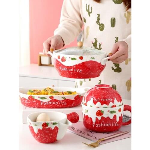 Ceramic rice bowl home single lovely strawberry creative personality noodle bowl with cover handle