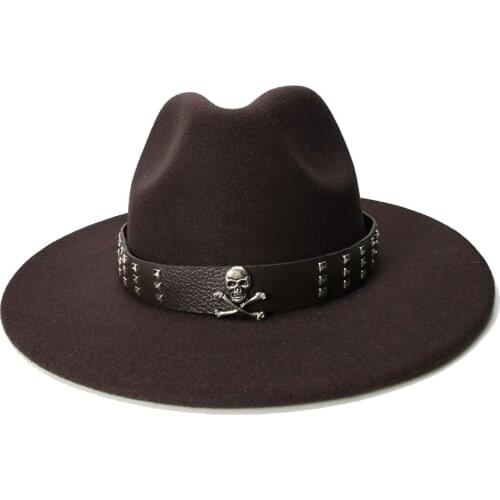LUCKYLIANJI Retro Kid Child Vintage 100% Wool Wide Brim Cap Fedora Panama Jazz Bowler Hat Skeleton Leather Band (54cm/Adjusted)