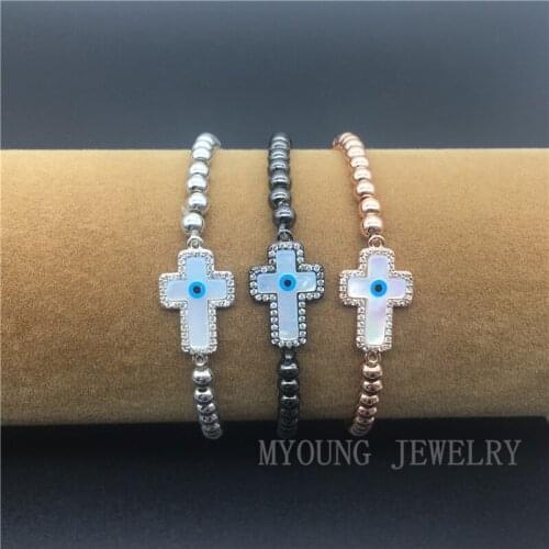 Micro Pave CZ Cross Women Bracelet Marquise Mother of Pearl Connector with 4mm Advanced Plated Round Beads Pulsera MY1206