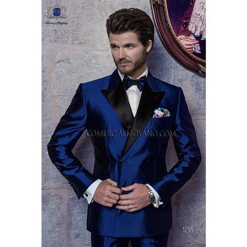2017 Latest Coat Pant Designs Italian Royal Blue Satin Men Suit Terno Slim Fit 3 Piece Groom Tuxedo Custom Prom Blazer Masculino