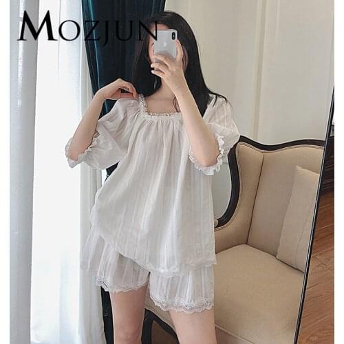 Pajamas Summer Two Piece Sexy Women Fashion Pajama Set Short Sleeve Breathable Lace Sleepwear Female Sleep Indoor Clothing #MZ95