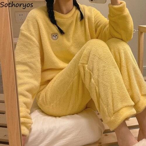 Women Pajama Sets Winter Bear Printed Lovely Flannel Soft Warm Thick Womens Sleepwear Home Simple Casual Preppy 2XL Ulzzang Chic