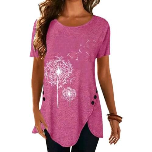 Casual Women T-shirt Plus Size Irregular Hem Floral Print Short Sleeve O Neck Buttons T Shirt Top Mid-length Tunic Summer Tshirt