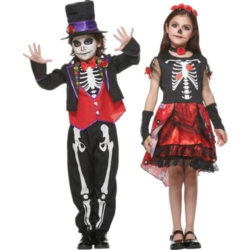 Deluxe Childrens Skeleton Halloween Costume Day of the Dead Mexican Boys Girls Fancy Dress Clothing Sets